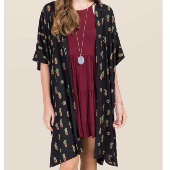 BLUE RAIN Cactus Plant Print Open Front Kimono - Picture 1 of 8